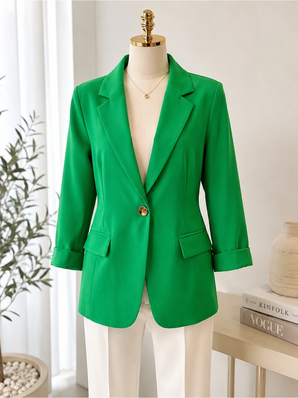 VICKY MONT Blazer jacket Size Medium Green Single Button Rolled Sleeve
